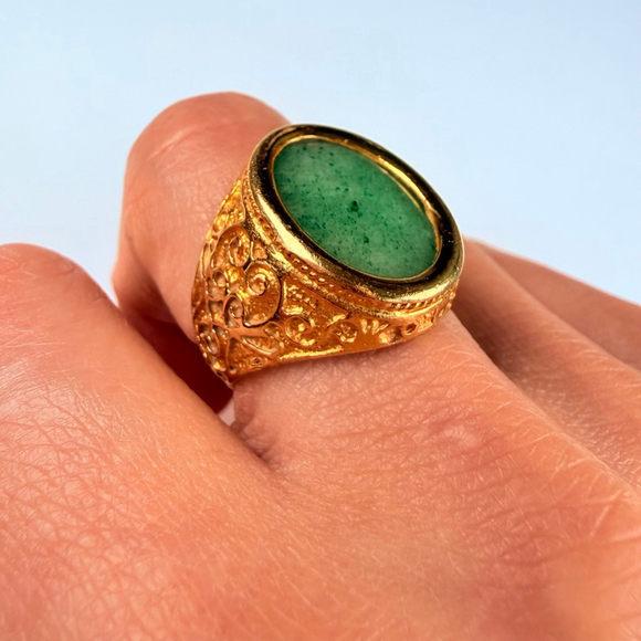 Estate 18K Solid Yellow Gold Mens Natural Jade Signet VTG Antique Scroll Ring - Picture 8 of 12
